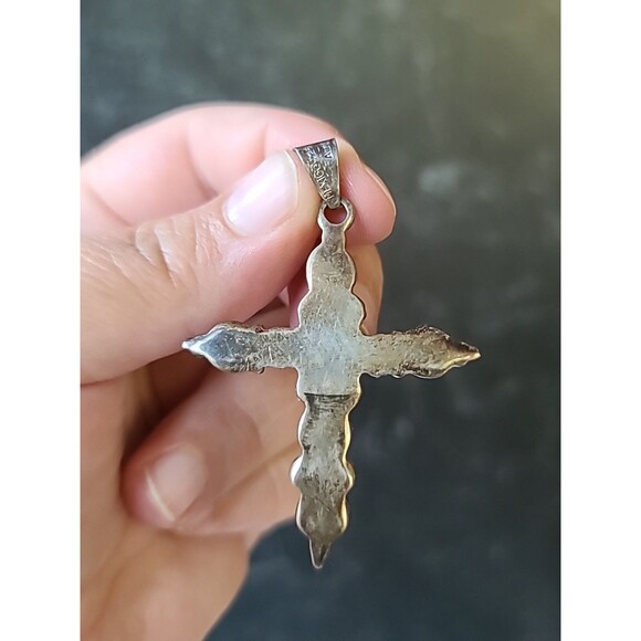 925 Sterling Silver Cat's Eye Cross Pendant Vintage Mexico - Picture 6 of 10